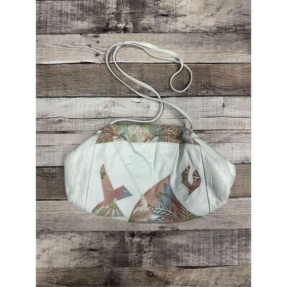 Vintage 80s Saks Fifth Avenue White Leather Tapestry Grandma Shoulder Bag - Picture 1 of 9